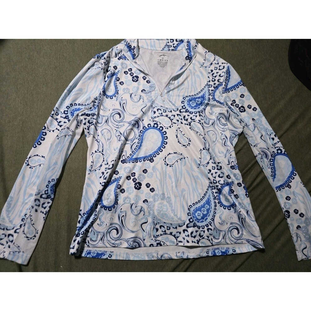 Ladies x by gottex Blue & White Paisley Golf Tennis Long Sleeve Quarter Zip Med
